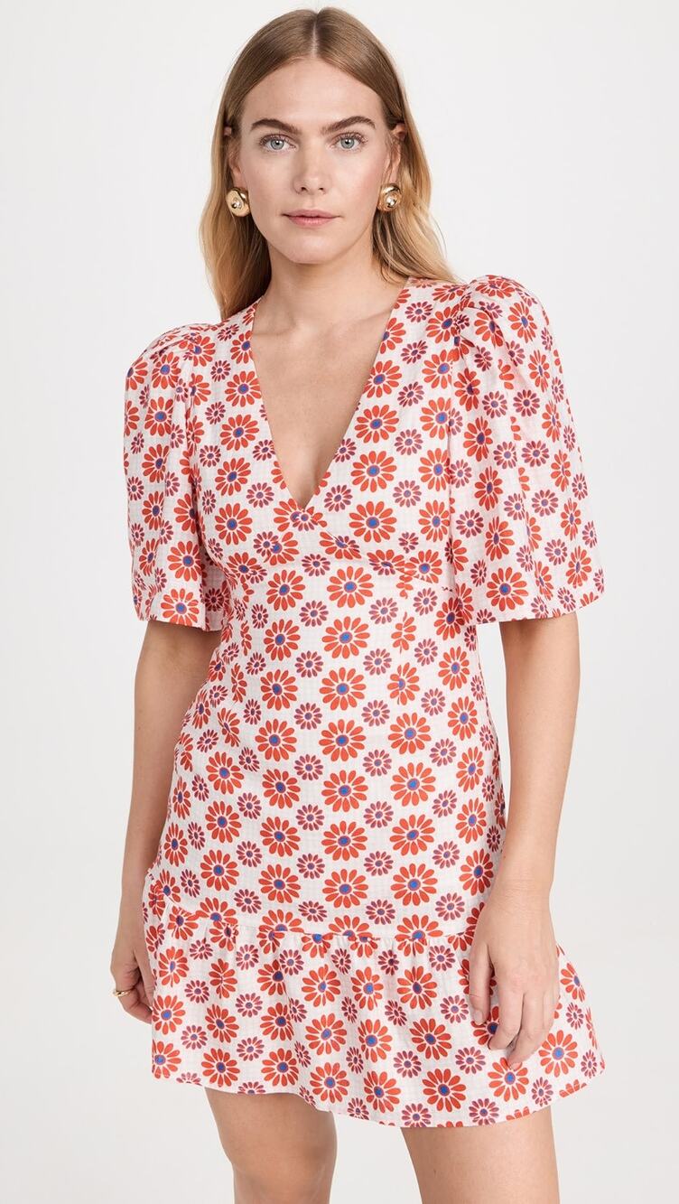 Rhode Womens Mariana Dress Floral Print V-Neck Short Sleeve Retro Fleur Size 12